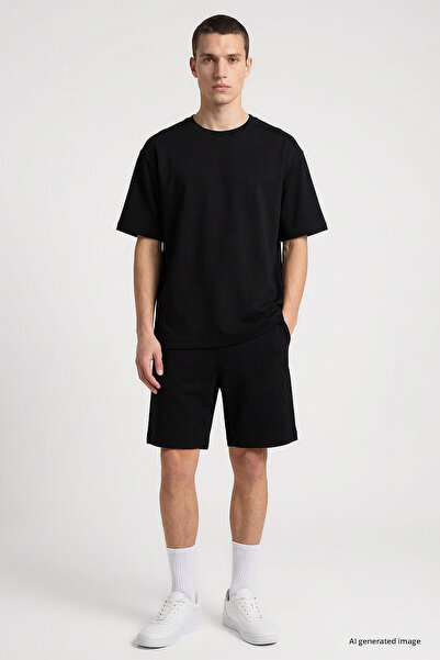 TOMMY LIFE Black Oversize Fit Basic Men's Shorts Set - 85292