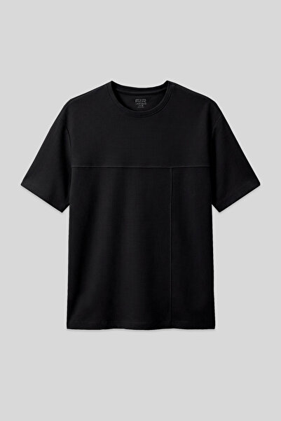 AIR JONES Siyah Waffle İnterlok Yüzeyi Dokulu Oversize Fit Basic Erkek T-Shir...