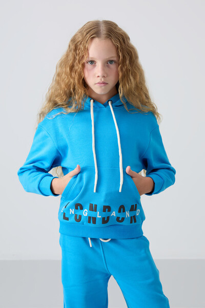 TOMMY LIFE Blue Cotton Soft Textured Comfortable Form Printed Girls' Tracksuit Set - 75147