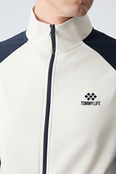 TOMMY LIFE Bej lacivert  Dik Yaka Çift Renk Rahat Form Klasik Paça Erkek Eşofman Takımı - 85113