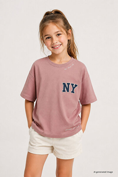 TOMMY LIFE Gül Kurusu Oversize Short Sleeve Printed Girls' T-Shirt - 75174