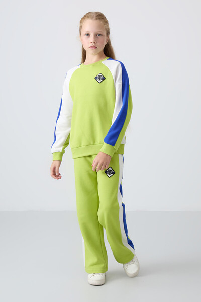 TOMMY LIFE Lime Green O Neck Wide Leg Standard Fit Printed Girl's Tracksuit S...