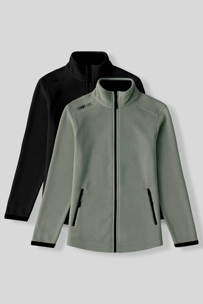 TOMMY LIFE Rahat Form Dik Yaka 2li Paket Siyah-Çağla Kadın Polar Sweatshirt -...