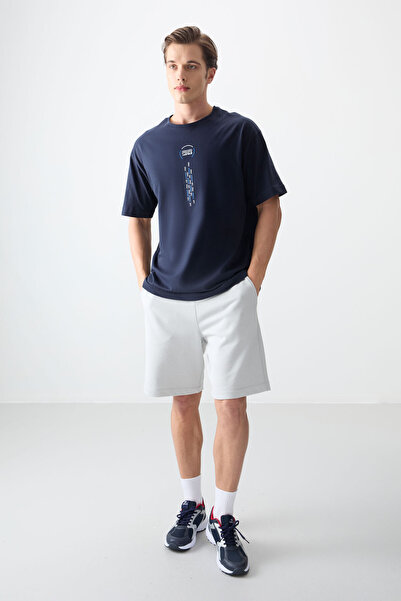 AIR JONES Lacivert %100 Pamuk Kalın Yumuşak Dokulu Oversize Fit Baskılı Erkek...