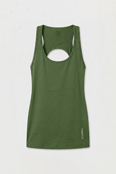 TOMMY LIFE Khaki Standard Fit Women's Sports Tank Top with Back Detail - 97297