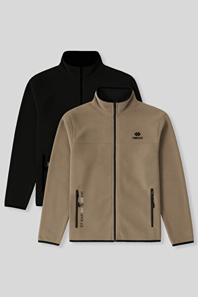 TOMMY LIFE Standard Fit Stand Collar 2-Pack Black-Camel Men's Fleece Sweatshi...