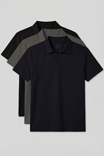 TOMMY LIFE Rahat Form Polo Yaka 3lü Paket Siyah-Haki-Lacivert Erkek T-Shirt -...