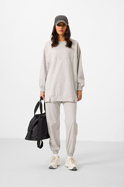 TOMMY LIFE Gray Melange O Neck Basic Oversize Women's Tracksuit Tunic Set - 9...