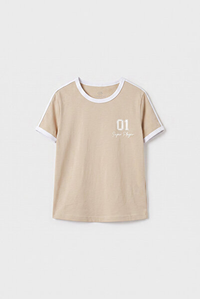 TOMMY LIFE Beige Shoulder Piping Detailed Printed Girls' T-Shirt - 75181