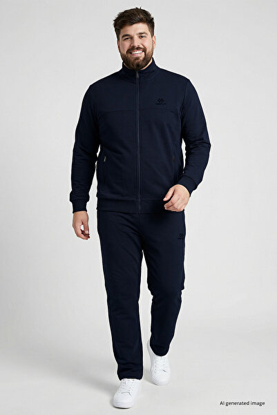 TOMMY LIFE Navy Blue High Collar Oversized Men's Tracksuit Set - 85176
