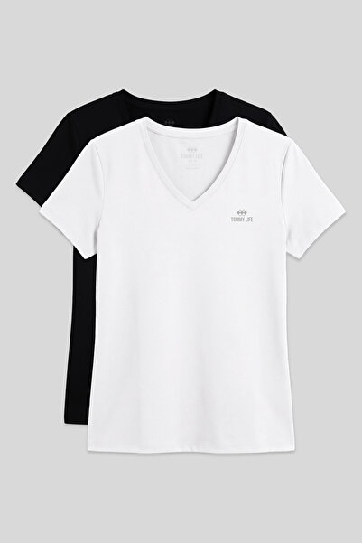 TOMMY LIFE Standard Mold Basic V-Neck 2-Pack Black-White Women's T-Shirt - 97145