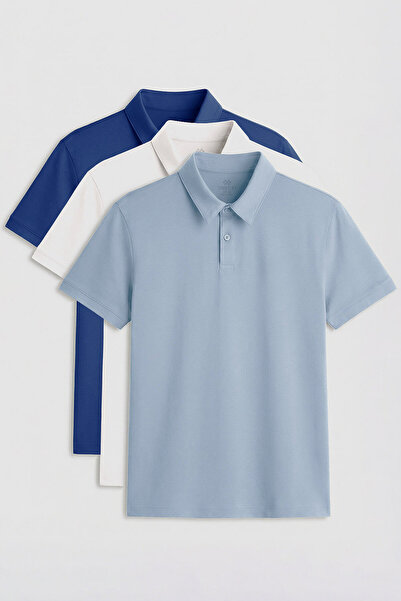 TOMMY LIFE Standart Fit Basic Polo Yaka 3lü Paket Ekru-Buz Mavi-Parlament Erk...