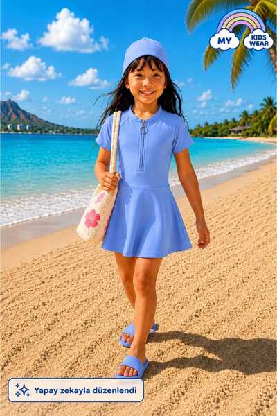 My Kids Wear Girls' Short-Sleeved Zip-Up Swimsuit Uv Protection Beach and Poo...