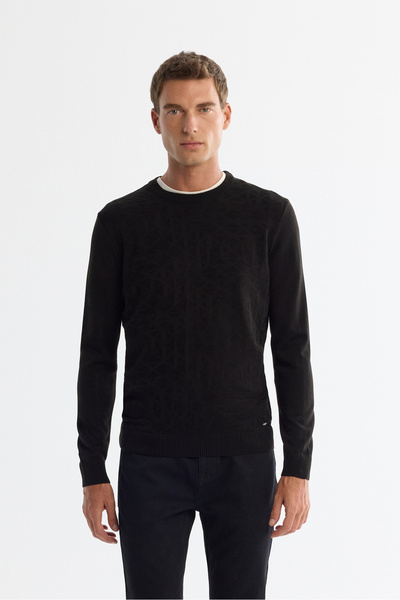 Avva Men's Black Crew Neck Textured Regular Fit Knitwear Sweater E005110