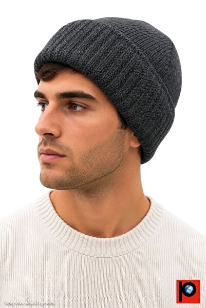 PAKER GİYİM Anthracite Winter Folded Thick Wool Knitwear Basic Siberian Beret...