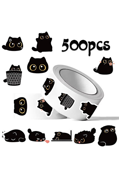 Choice 500Pcs 500PCS/Roll Cute Black Cat Cartoon Stickers, Minimalist Style, ...