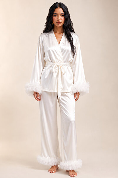 lousa Silky Satin Cuffed Layered Tulle Ruffle Pajama Set