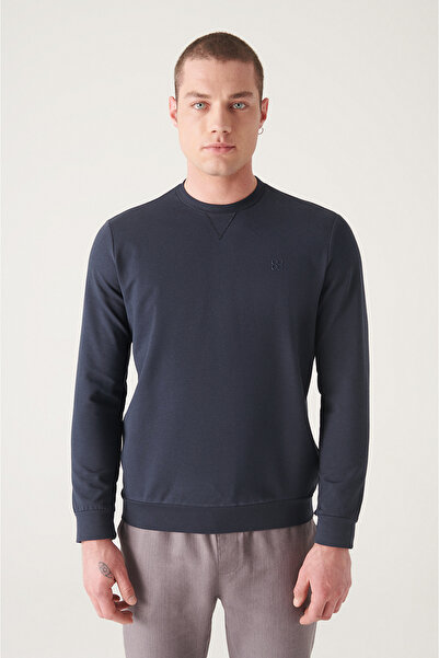 Avva Men's Navy Blue Crew Neck Cotton 2 Thread Non-Brushed Comfort Fit Sweats...