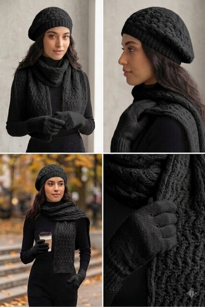 EKstore Black Scarf Beanie Gloves Set - Set of 3