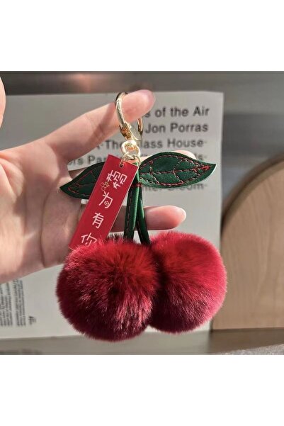 Choice A Cute Soft Fluffy Red Rabbit Fur Ball Pompom Leaf Keychain Cherry Key...