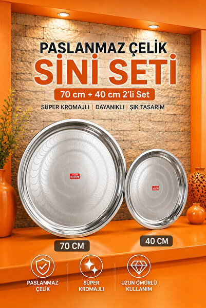 Metler Paslanmaz Çelik Sini 70 cm + 40 cm 2’li Set | Süper Kromajlı Büyük Sof...