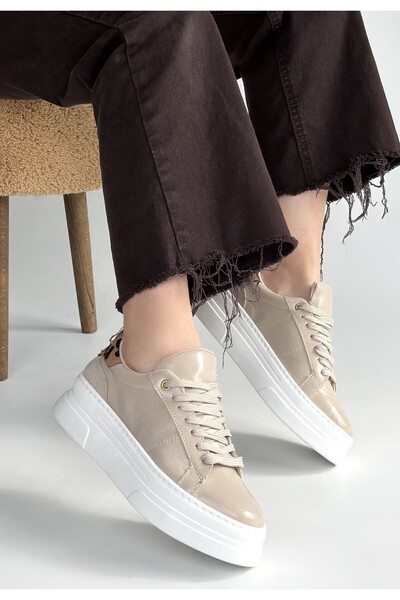 pabucmarketi Beige Patent Leather Lace-Up Women's Sports Shoes