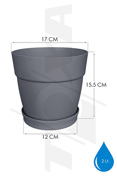ToXA 3 Adet 2 Litre (17 cm) Mono Saksı Seti Tabaklı Drenaj Delikli Plastik Çiçek Saksısı
