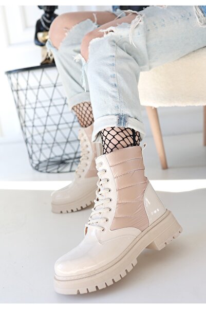 pabucmarketi Women's Beige Patent Leather Lace-Up Casual Boots