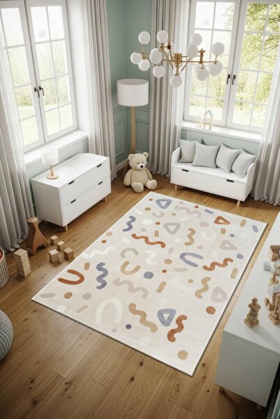 Cotto Home Cotto Kids CK004R Krem Halı Renkli Şekil Desenli Kaymaz Taban Yumu...