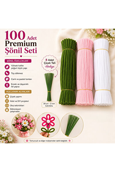 hyc heryerçiçeklenir Set of 3 Pastel Pink (50), White (25), Army Green (25) Chenille, Suitable for Flower Making, Fuzzy Wire