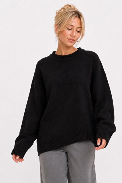 Abruzzo Black Crew Neck Oversize Women's Knitwear Sweater