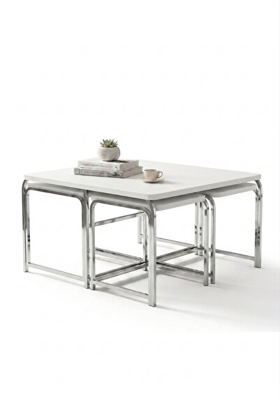 YY STORE 5Lİ DEMET 4+1 ORTA SEHPA Gümüş BEYAZ MDF