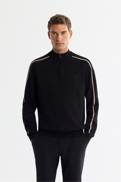Avva Men's Black Zippered Stand Collar Rayon Non-Pilling Regular Fit Knitwear...