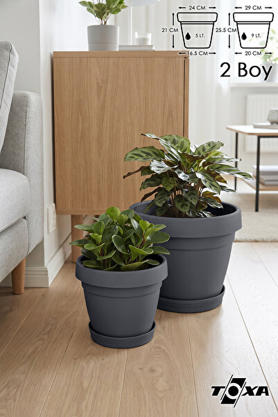 ToXA 2 Boy Mono Saksı Seti Tabaklı Drenaj Delikli Plastik Çiçek Saksısı Set