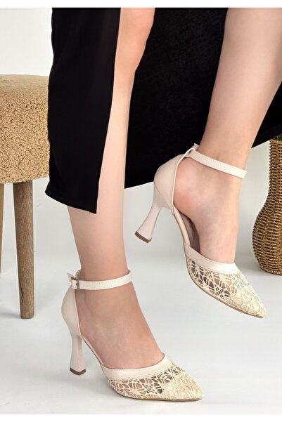pabucmarketi Beige Tulle Detail Women's Heeled Shoes