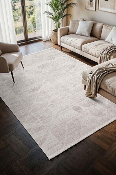 Cotto Home Moon MO105G Krem Halı Geometrik Gri Detaylı Akrilik Pamuk Taban Sa...