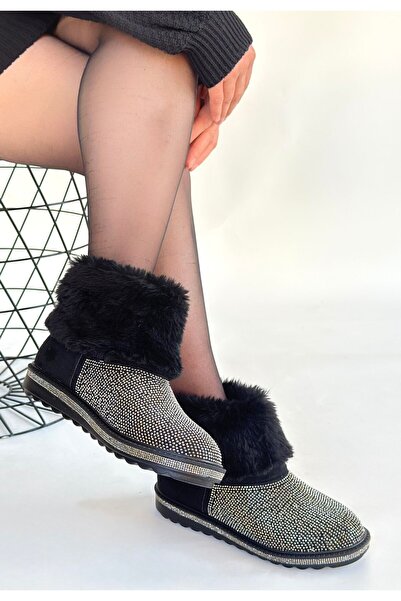 pabucmarketi Black Suede Silver Bead Embroidered Women's Flat Boots