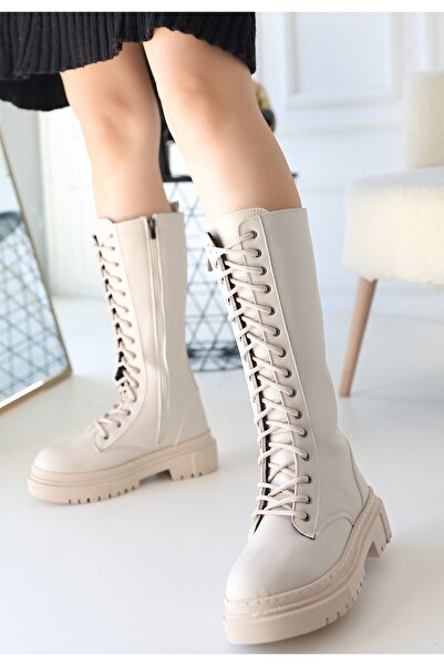 pabucmarketi Beige Faux Leather Lace-Up Women's Boots
