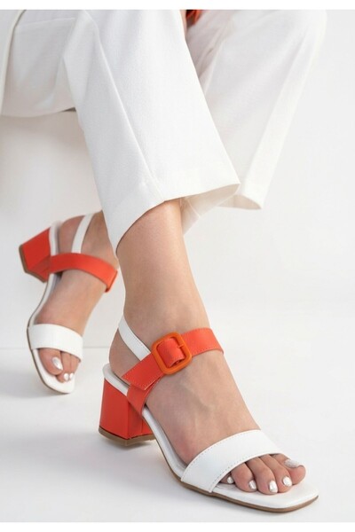 pabucmarketi White Orange Detailed Women's Heeled Sandals