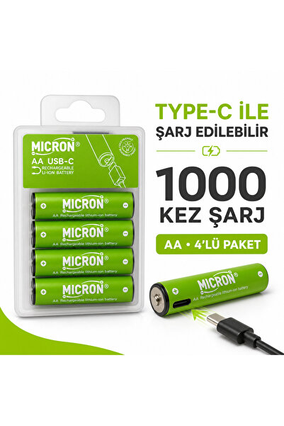 Micron AA Şarj Edilebilir Pil 1.5V 600mAh USB Type-C Girişli Kalem Pil 4’lü