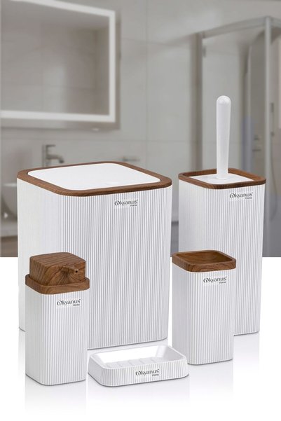 Okyanus Home Stella White Wooden Patterned Striped 5-piece Bathroom Set