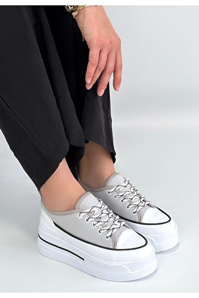 pabucmarketi Gray Linen Lace-Up Women's Sports Shoes