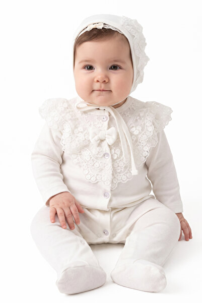 bebegen Baby Girl Ecru Tulle Lace Beret and Booties Jumpsuit