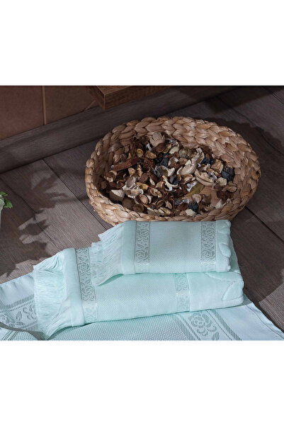 sarra 2'Lİ SARRA ETAMİN SAÇAKLI HAVLU SETİ (30x50-50x90 cm) - SU YEŞİLİ