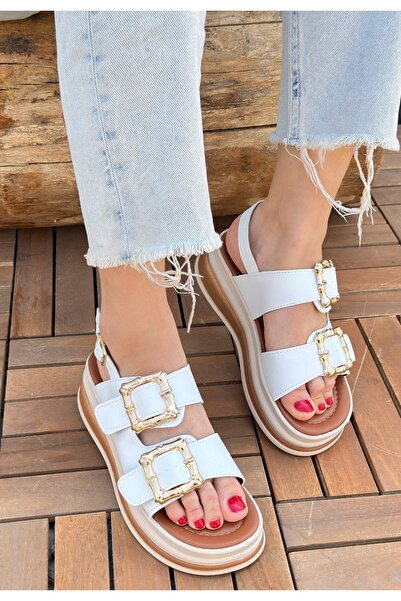 pabucmarketi White Faux Leather Women's Flat Sandals