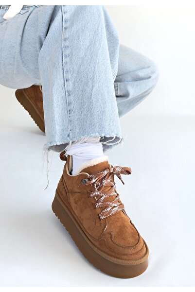 pabucmarketi Tan Suede Lace-Up Women's Flat Boots