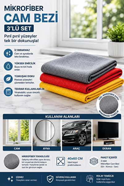 Single ( 3 Adet ) Mikrofiber Cam Ve Ayna Temizlik Bezi 40:40 Cm