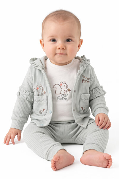 bebegen Unisex Ecru Water Green Squirrel Embroidered Cardigan 3-Piece Set