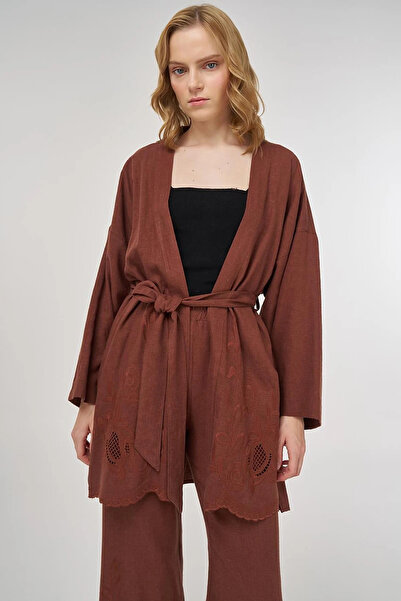 KYR Nakış Aplikeli Keten Viskon Kimono Takım Kahve