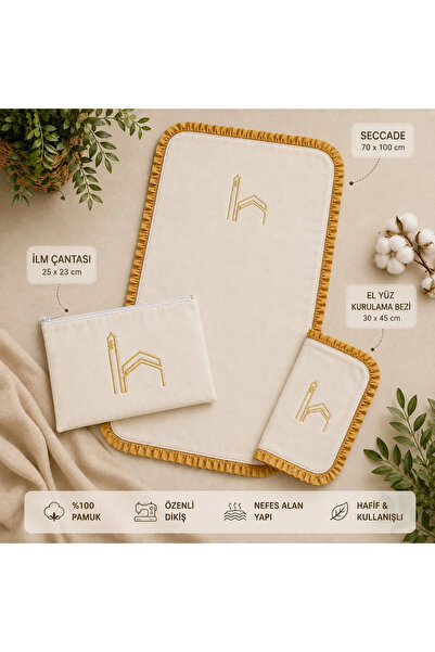 ZİLCA HOME 3’lü Nakışlı Cep Seccade Seti 70x120 cm – Gold Fırfırlı Seccade, İ...